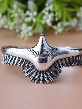 925 Sterling Silver Eagle Bangle, Oxidized Boho Cuff, Unisex Jewelry